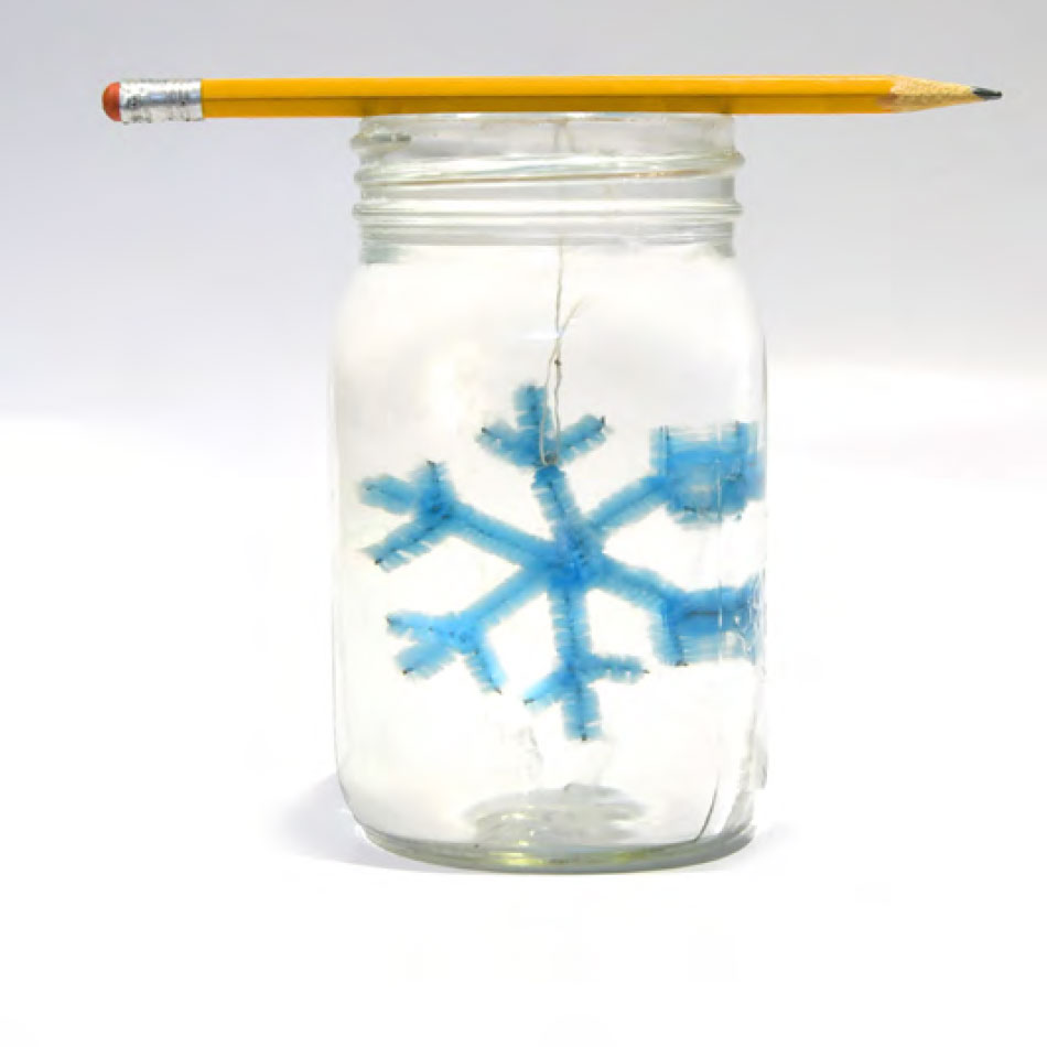 A crystal snowflake growing in a jar.