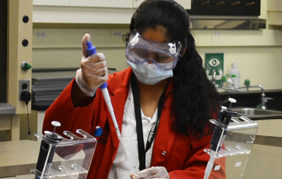 A Science School student uses a pipette to transfer a liquid into a test tube