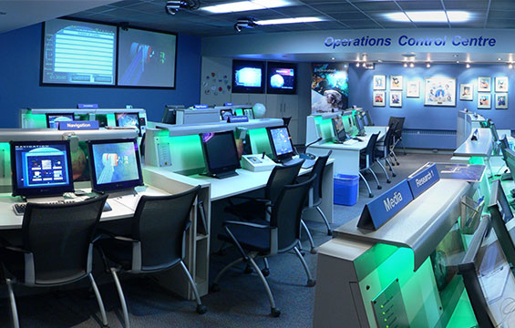 A simulated space mission control.