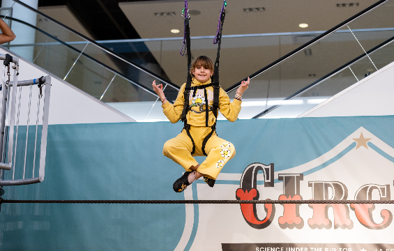 A girl playing on the tight ropes in the Circus exhibition at CF Sherway Gardens.