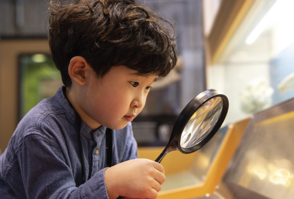 A young child peers through a magnifying glass at an exhibit.