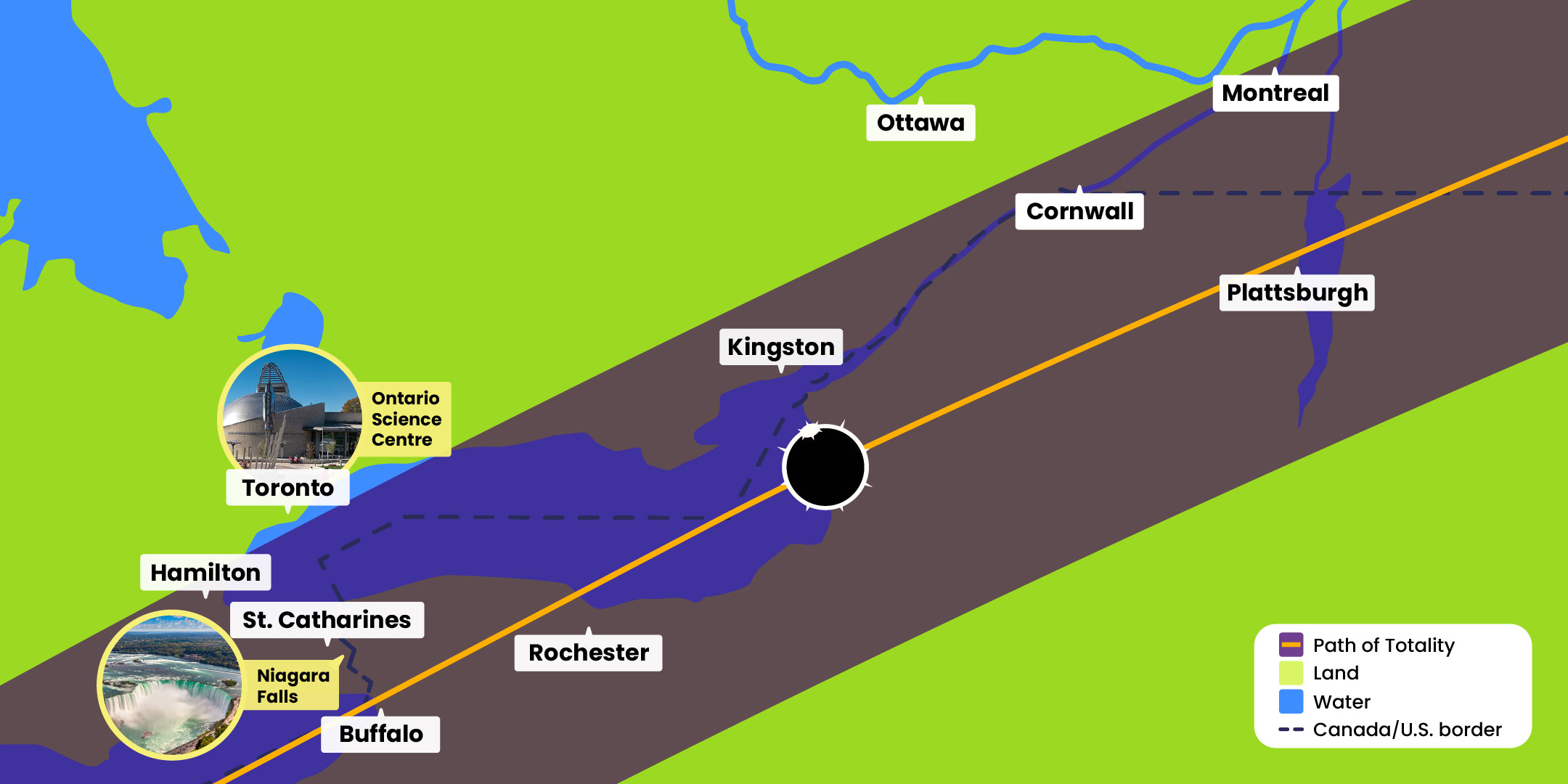 Map showing the path of totality of the solar eclipse in Canada on April 8, 2024, showing some cities where the totality will occur. Highlighted Canadian cities within the path of totality include Montreal, Cornwall, Kingston, Hamilton, St. Catharines and Niagara Falls. Toronto (including the Ontario Science Centre) lies just outside the path of totality.